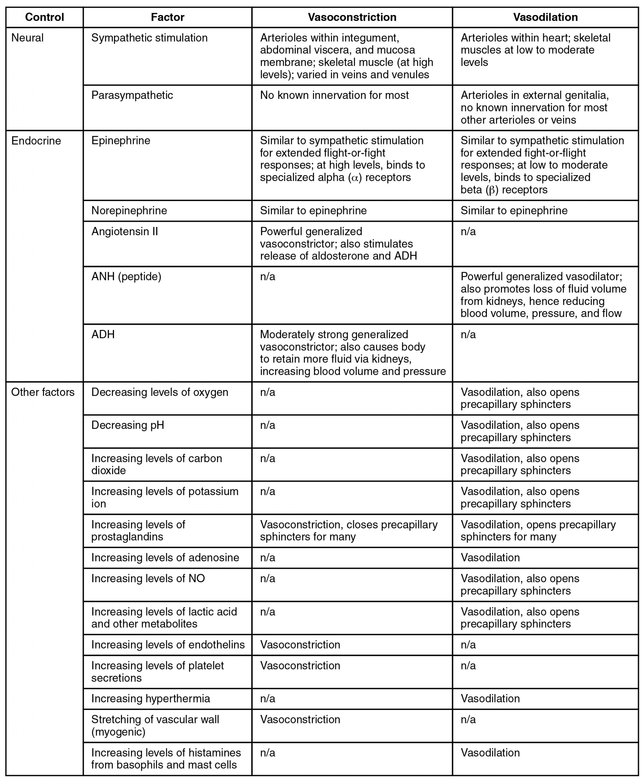 Summary of Mechanisms Regulating Arteriole Smooth Muscle and Veins